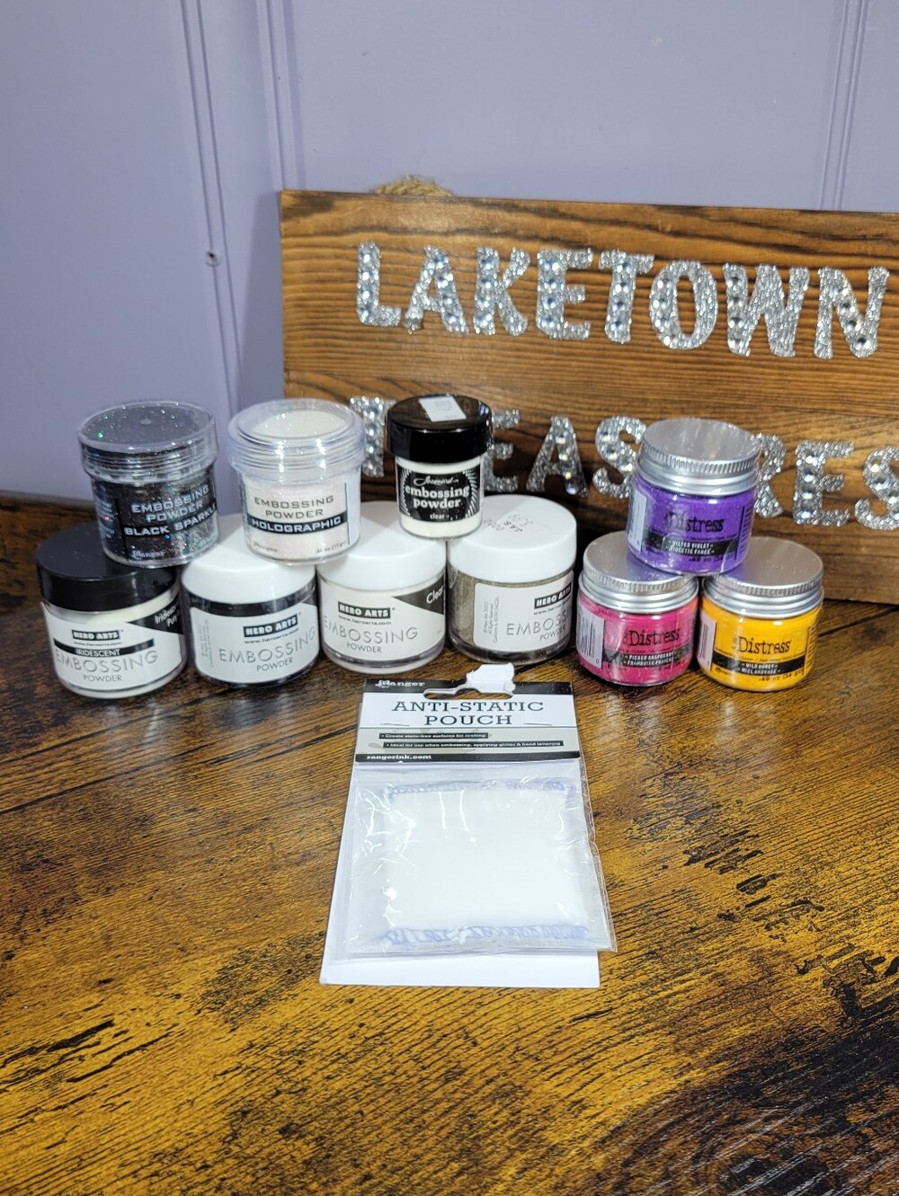 Embossing Powders and Distress Pigments Set - White, Black, Purple, Pink, Yellow